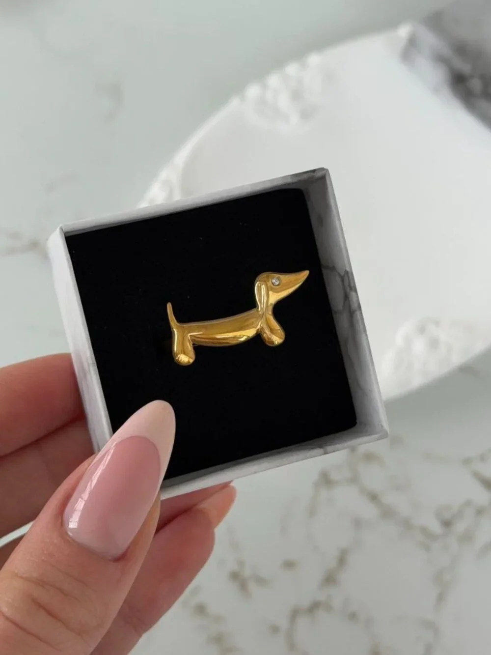 Sku:0623 Gold ring dachshund diamond eye stainless steel Adjustable + gift box